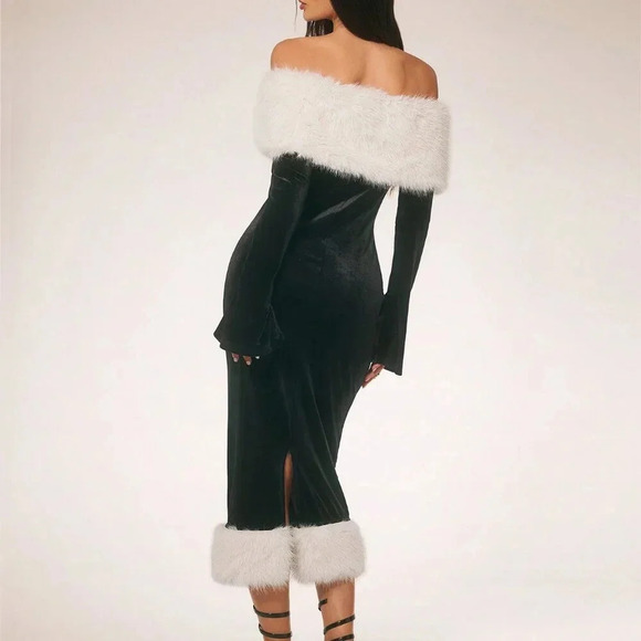 Black Elegant Women's Furry Patchwork Long Sleeve Off-Shoulder Casual Midi Dress - Picture 2 of 6